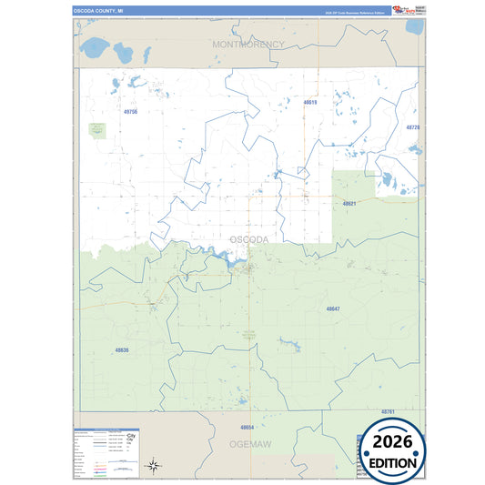 Oscoda County, MI Business Reference 5 Digit ZIP Code Wall Map