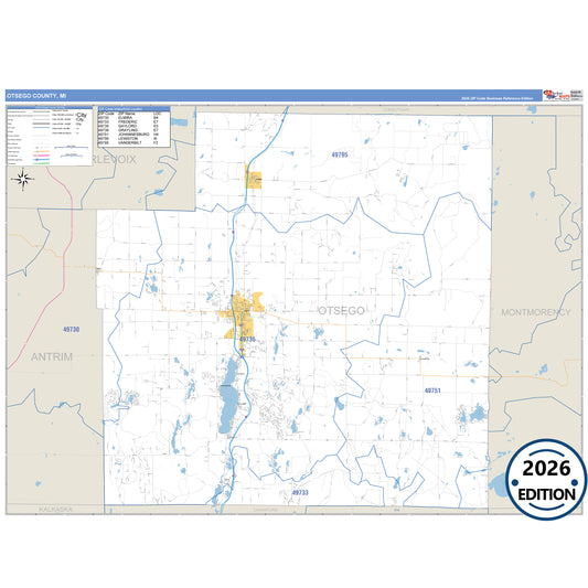 Otsego County, MI Business Reference 5 Digit ZIP Code Wall Map