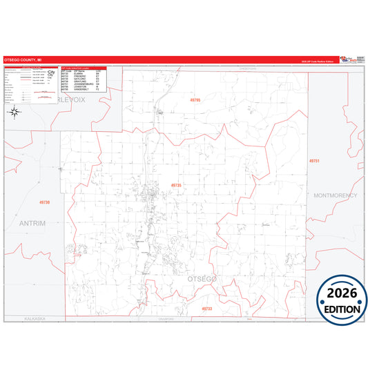 Otsego County, MI Red Line 5 Digit ZIP Code Wall Map