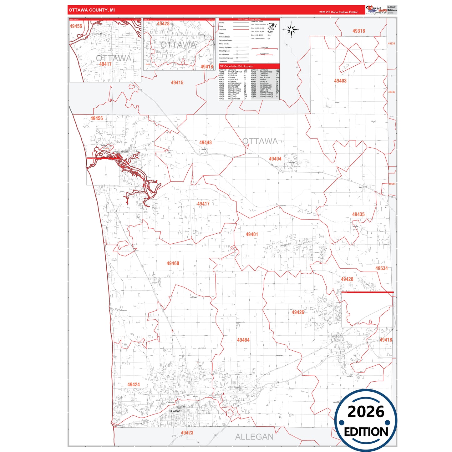 Ottawa County, MI Red Line 5 Digit ZIP Code Wall Map