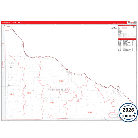 Presque Isle County, MI Red Line 5 Digit ZIP Code Wall Map