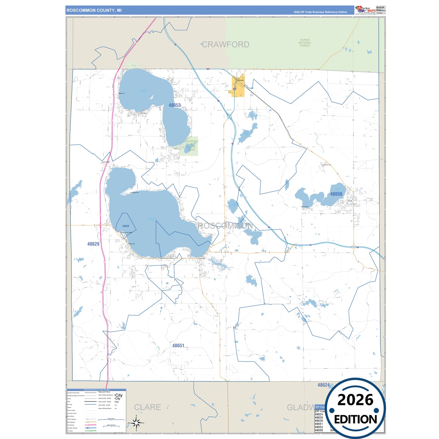 Roscommon County, MI Business Reference 5 Digit ZIP Code Wall Map