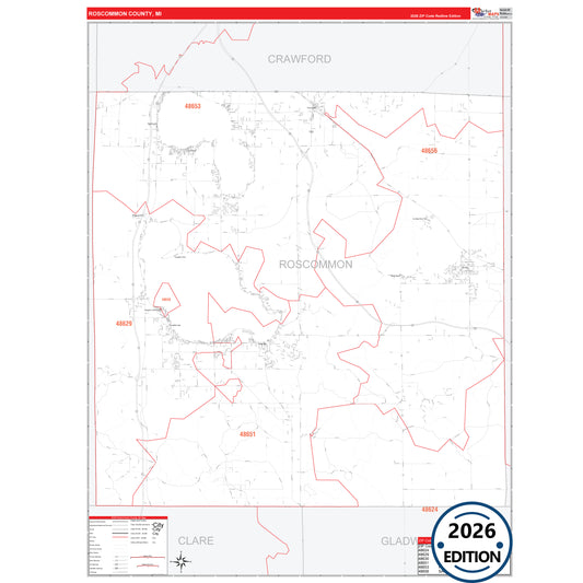 Roscommon County, MI Red Line 5 Digit ZIP Code Wall Map