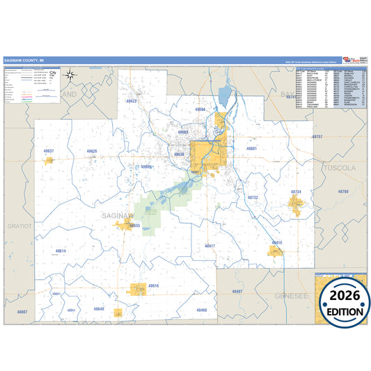 Saginaw County, MI Business Reference 5 Digit ZIP Code Wall Map