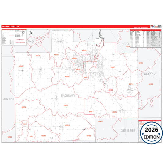 Saginaw County, MI Red Line 5 Digit ZIP Code Wall Map