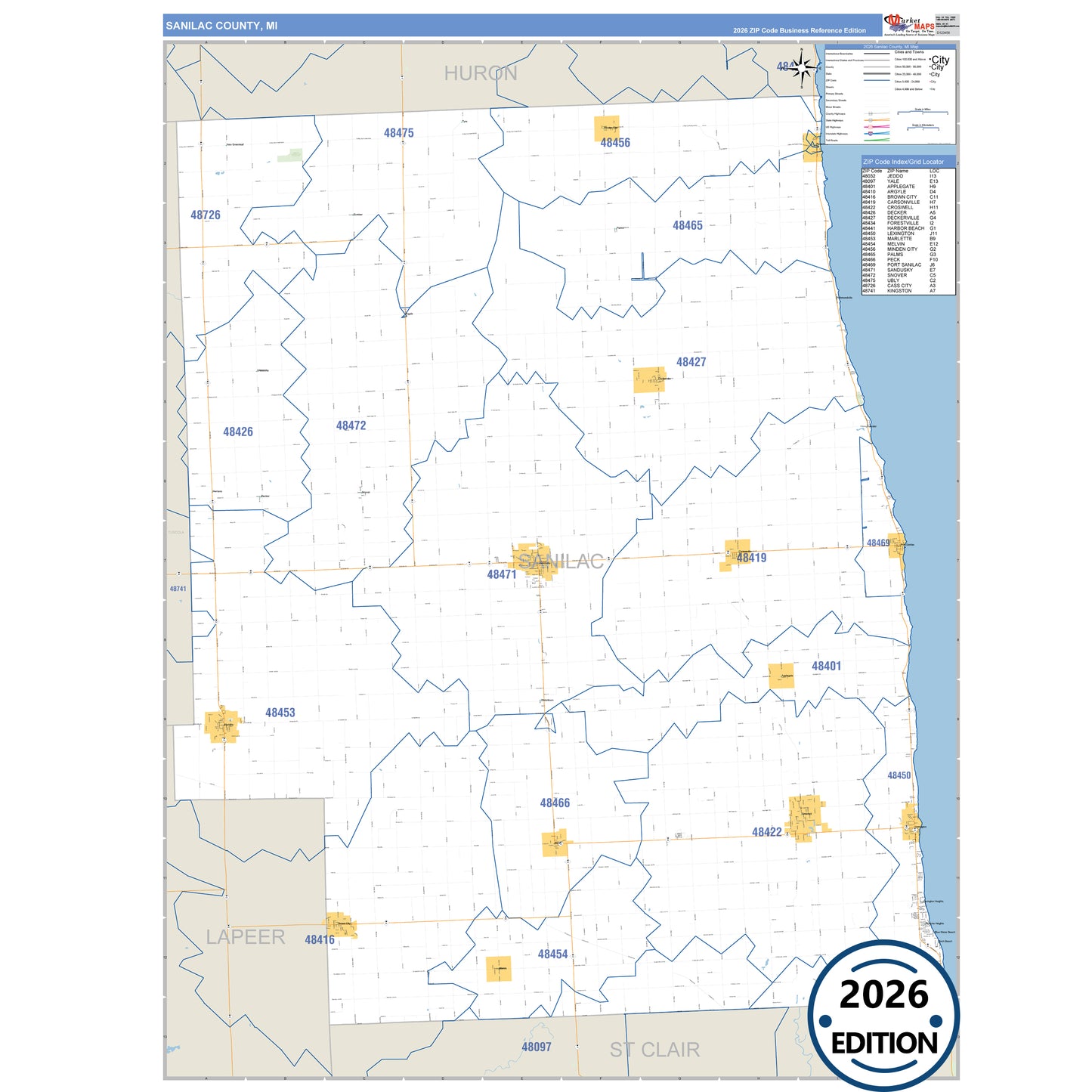 Sanilac County, MI Business Reference 5 Digit ZIP Code Wall Map