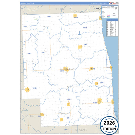 Sanilac County, MI Business Reference 5 Digit ZIP Code Wall Map