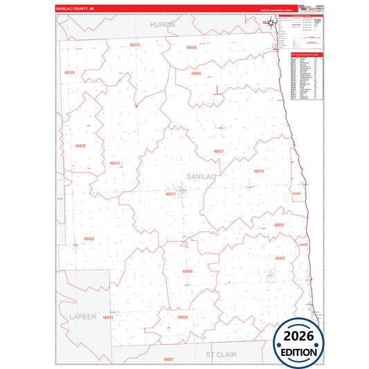 Sanilac County, MI Red Line 5 Digit ZIP Code Wall Map