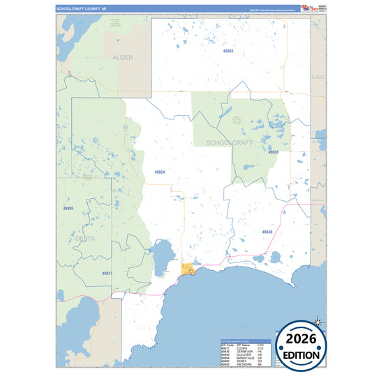 Schoolcraft County, MI Business Reference 5 Digit ZIP Code Wall Map