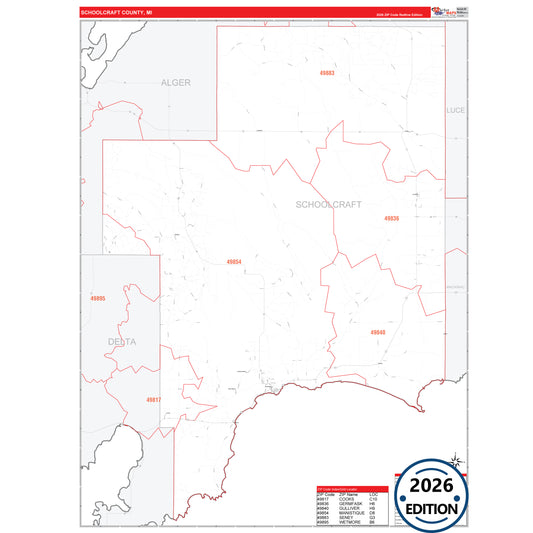 Schoolcraft County, MI Red Line 5 Digit ZIP Code Wall Map