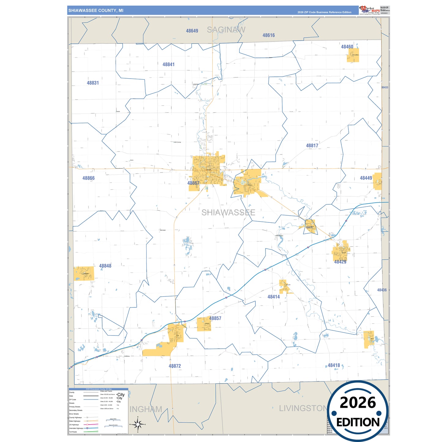 Shiawassee County, MI Business Reference 5 Digit ZIP Code Wall Map