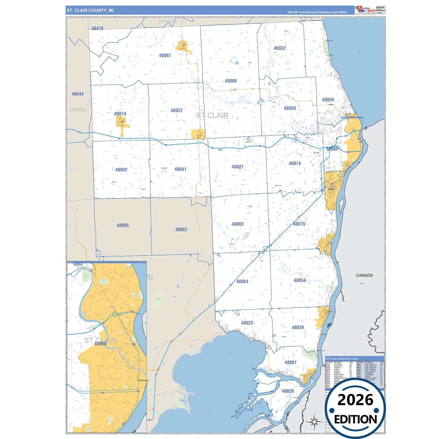 St. Clair County, MI Business Reference 5 Digit ZIP Code Wall Map