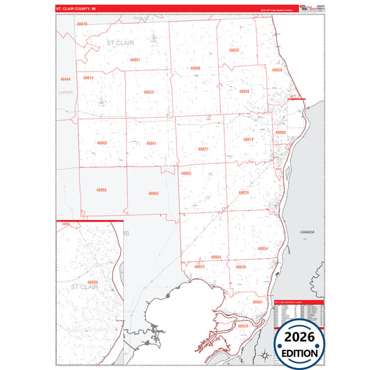 St. Clair County, MI Red Line 5 Digit ZIP Code Wall Map