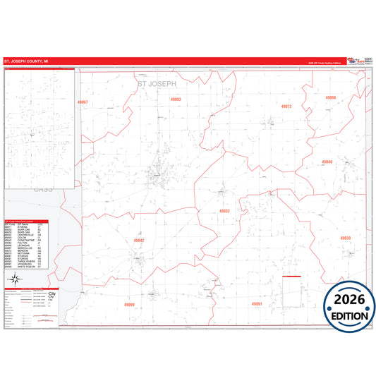 St. Joseph County, MI Red Line 5 Digit ZIP Code Wall Map