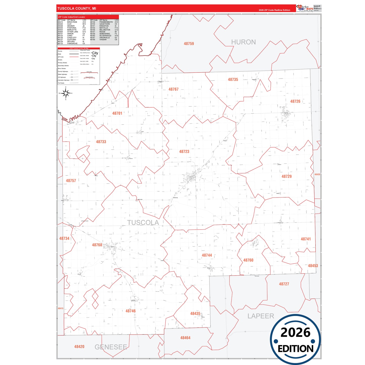 Tuscola County, MI Red Line 5 Digit ZIP Code Wall Map