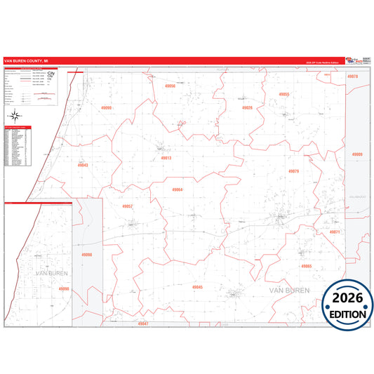 Van Buren County, MI Red Line 5 Digit ZIP Code Wall Map