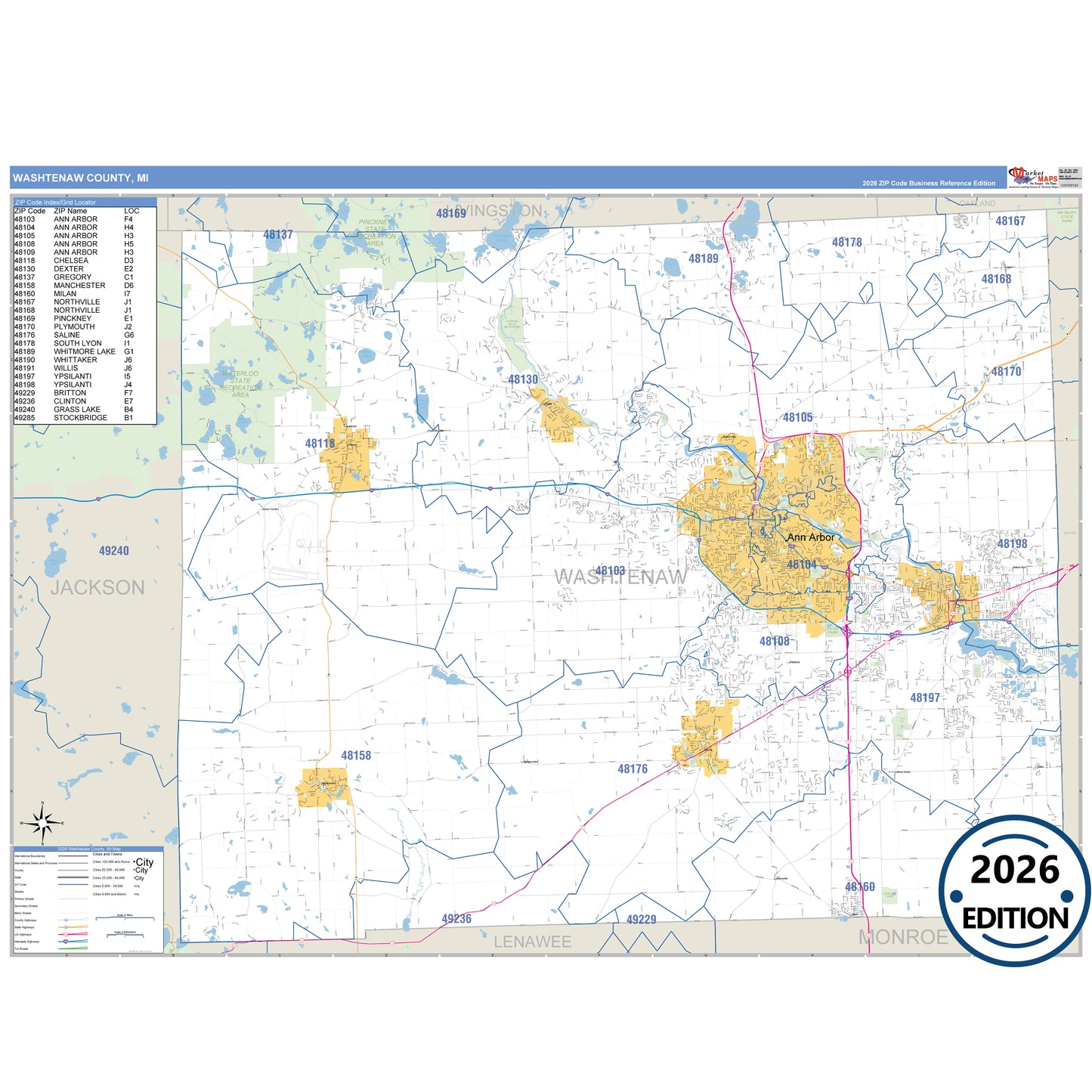 Washtenaw County, MI Business Reference 5 Digit ZIP Code Wall Map