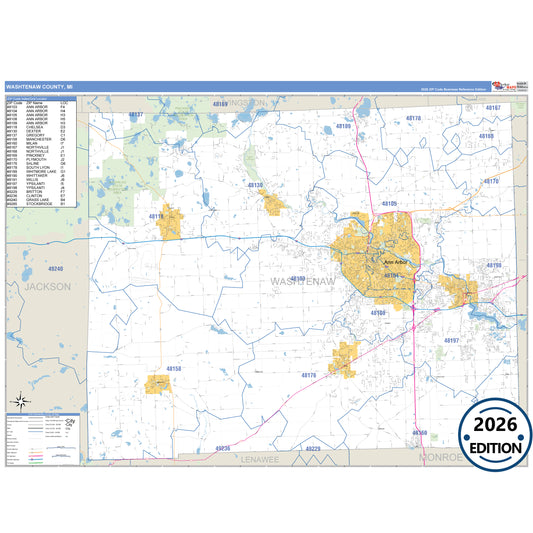 Washtenaw County, MI Business Reference 5 Digit ZIP Code Wall Map