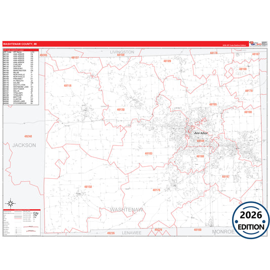 Washtenaw County, MI Red Line 5 Digit ZIP Code Wall Map