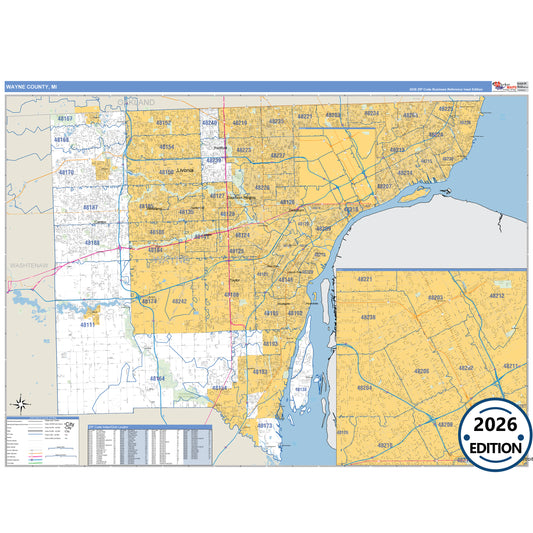 Wayne County, MI Business Reference 5 Digit ZIP Code Wall Map