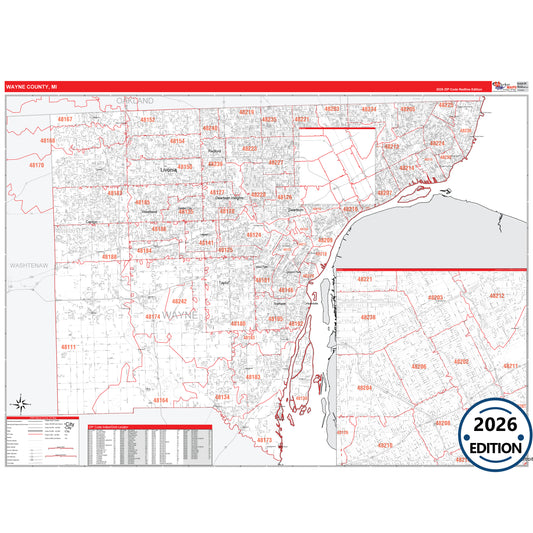 Wayne County, MI Red Line 5 Digit ZIP Code Wall Map