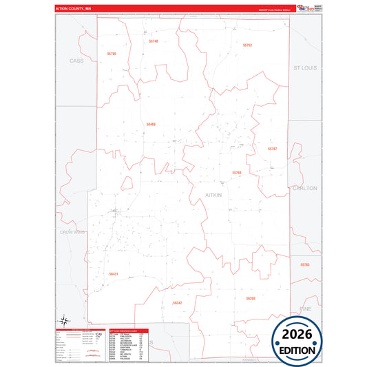 Aitkin County, MN Red Line 5 Digit ZIP Code Wall Map