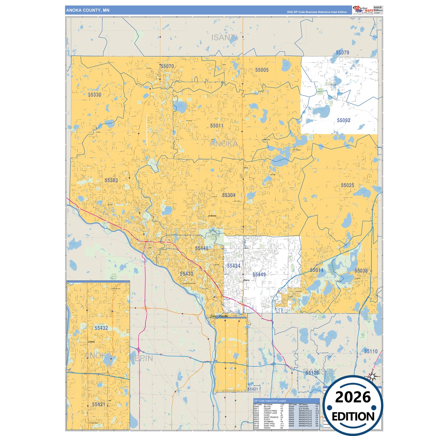 Anoka County, MN Business Reference 5 Digit ZIP Code Wall Map