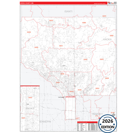 Anoka County, MN Red Line 5 Digit ZIP Code Wall Map