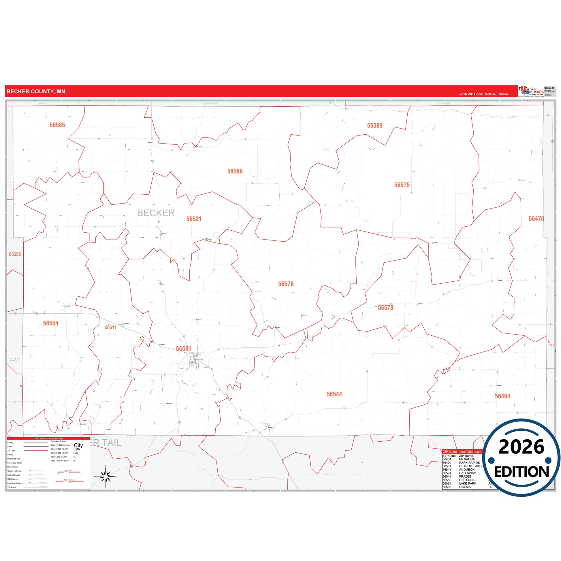 Becker County, MN Red Line map with detailed roads, cities, and ZIP code boundaries.