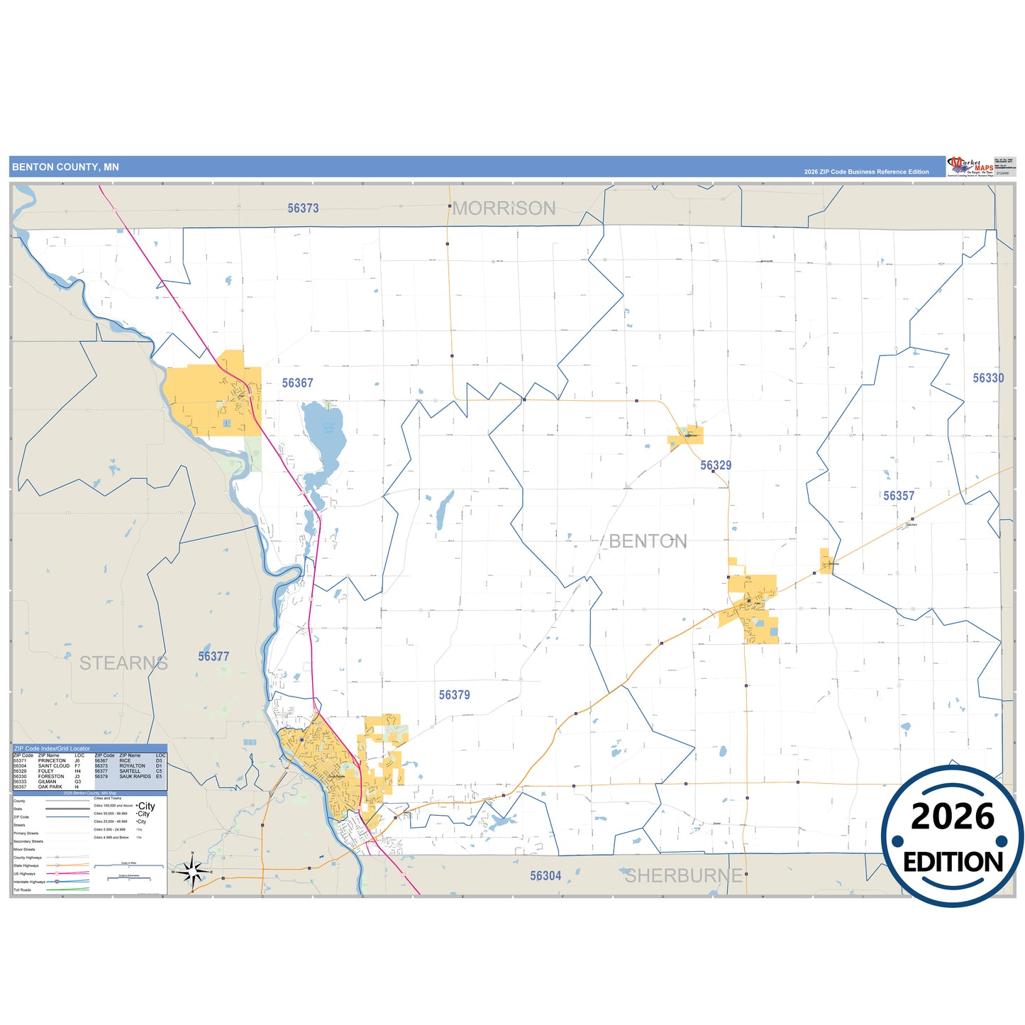 Benton County, MN Business Reference 5 Digit ZIP Code Wall Map