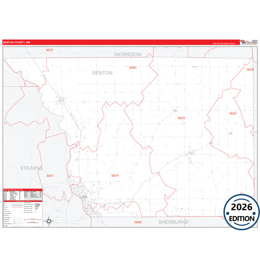 Benton County, MN Red Line map with detailed roads, cities, and ZIP code boundaries.