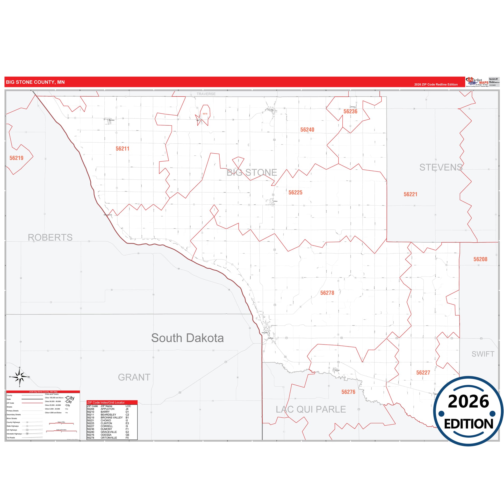 Big Stone County, MN Red Line map with detailed roads, cities, and ZIP code boundaries.