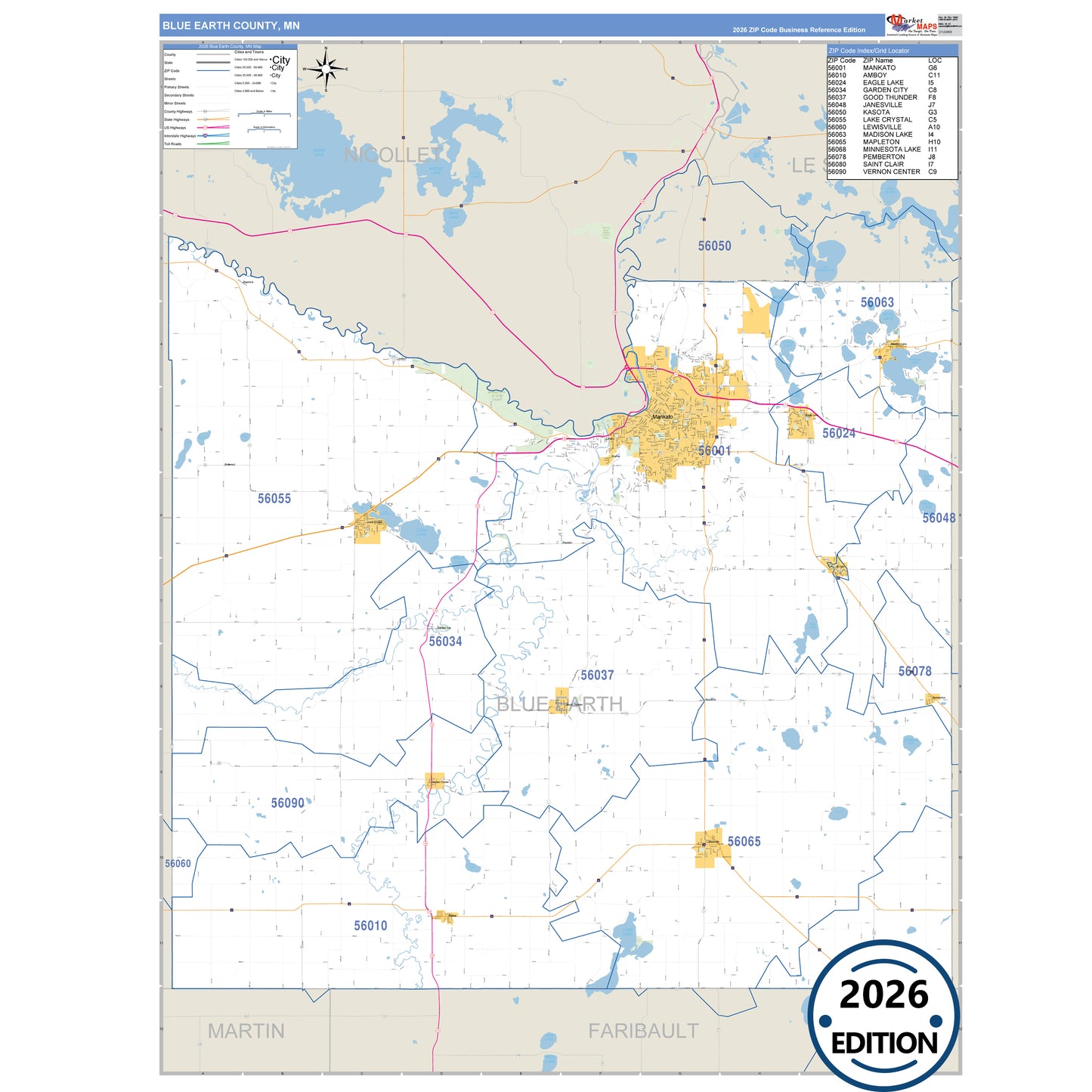 Blue Earth County, MN Business Reference 5 Digit ZIP Code Wall Map