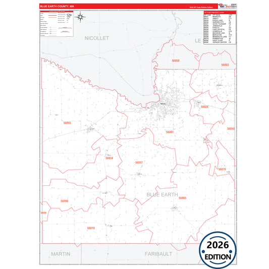 Blue Earth County, MN Red Line 5 Digit ZIP Code Wall Map