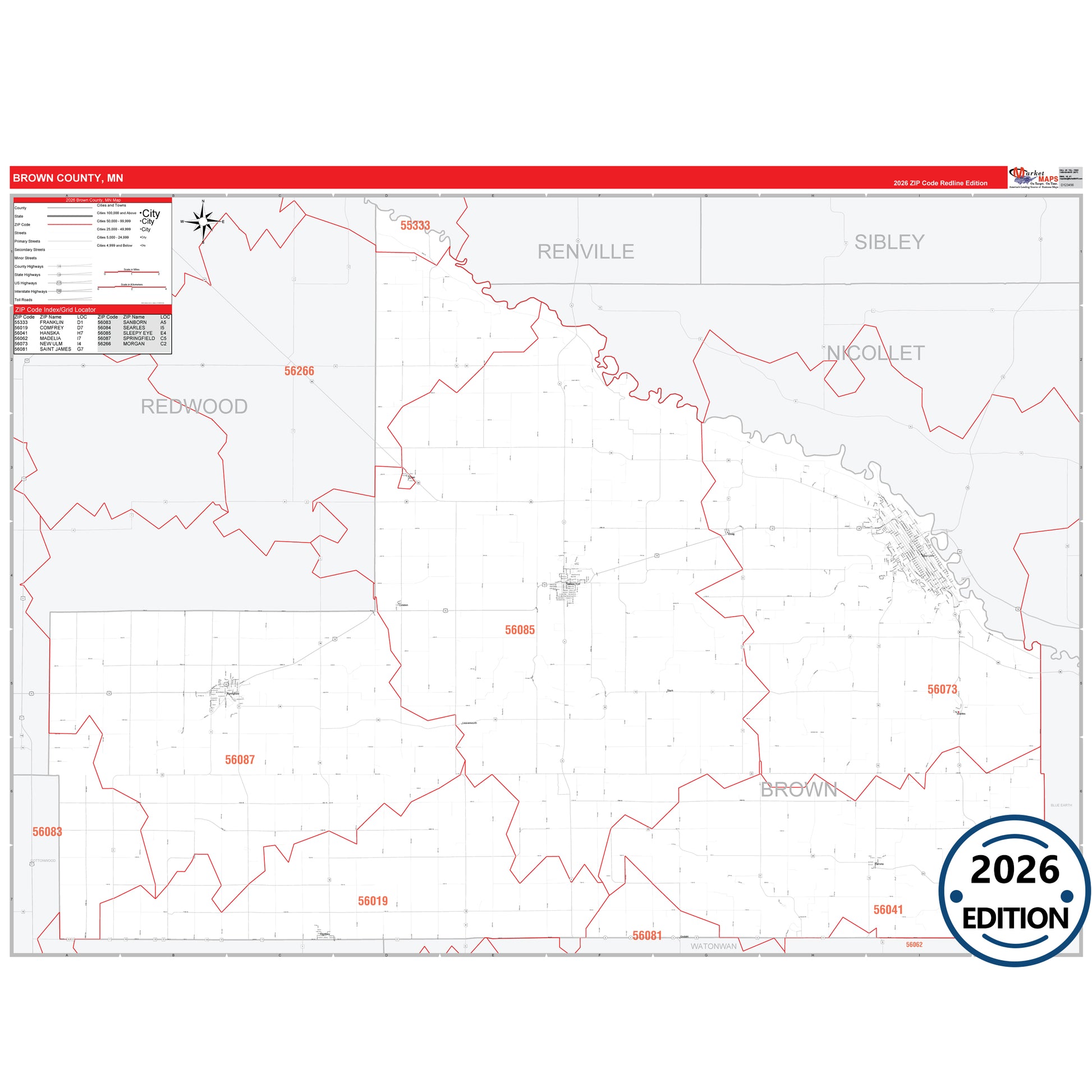 Brown County, MN Red Line map with detailed roads, cities, and ZIP code boundaries.