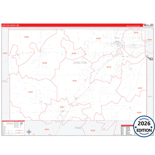 Carlton County, MN Red Line map with detailed roads, cities, and ZIP code boundaries.