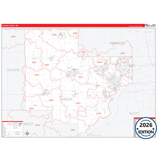 Carver County, MN Red Line 5 Digit ZIP Code Wall Map