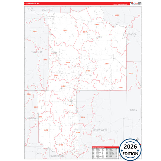 Cass County, MN Red Line 5 Digit ZIP Code Wall Map