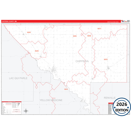 Chippewa County, MN Red Line map with detailed roads, cities, and ZIP code boundaries.
