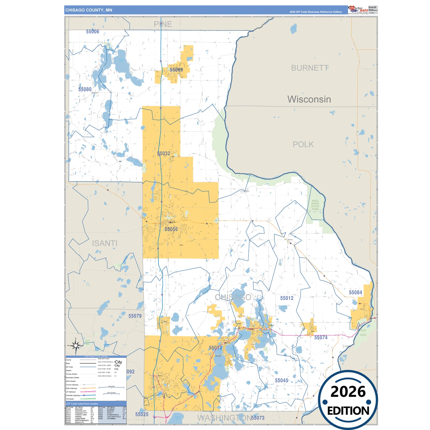 Chisago County, MN Business Reference 5 Digit ZIP Code Wall Map