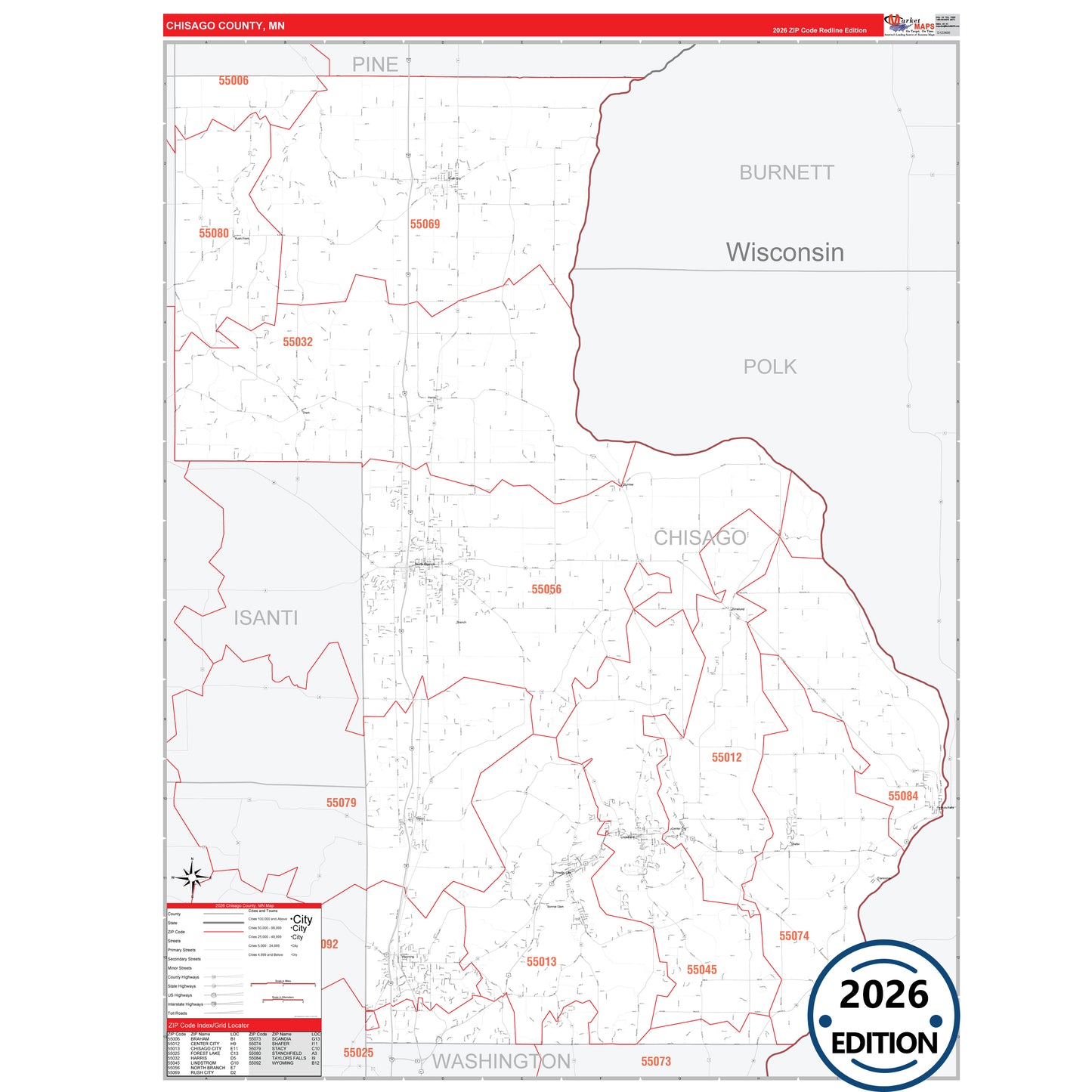 Chisago County, MN Red Line 5 Digit ZIP Code Wall Map