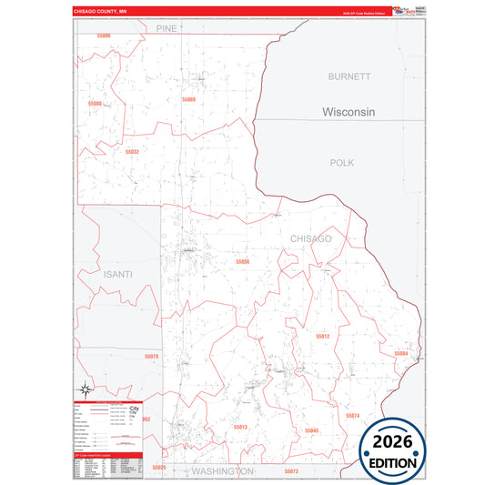 Chisago County, MN Red Line 5 Digit ZIP Code Wall Map