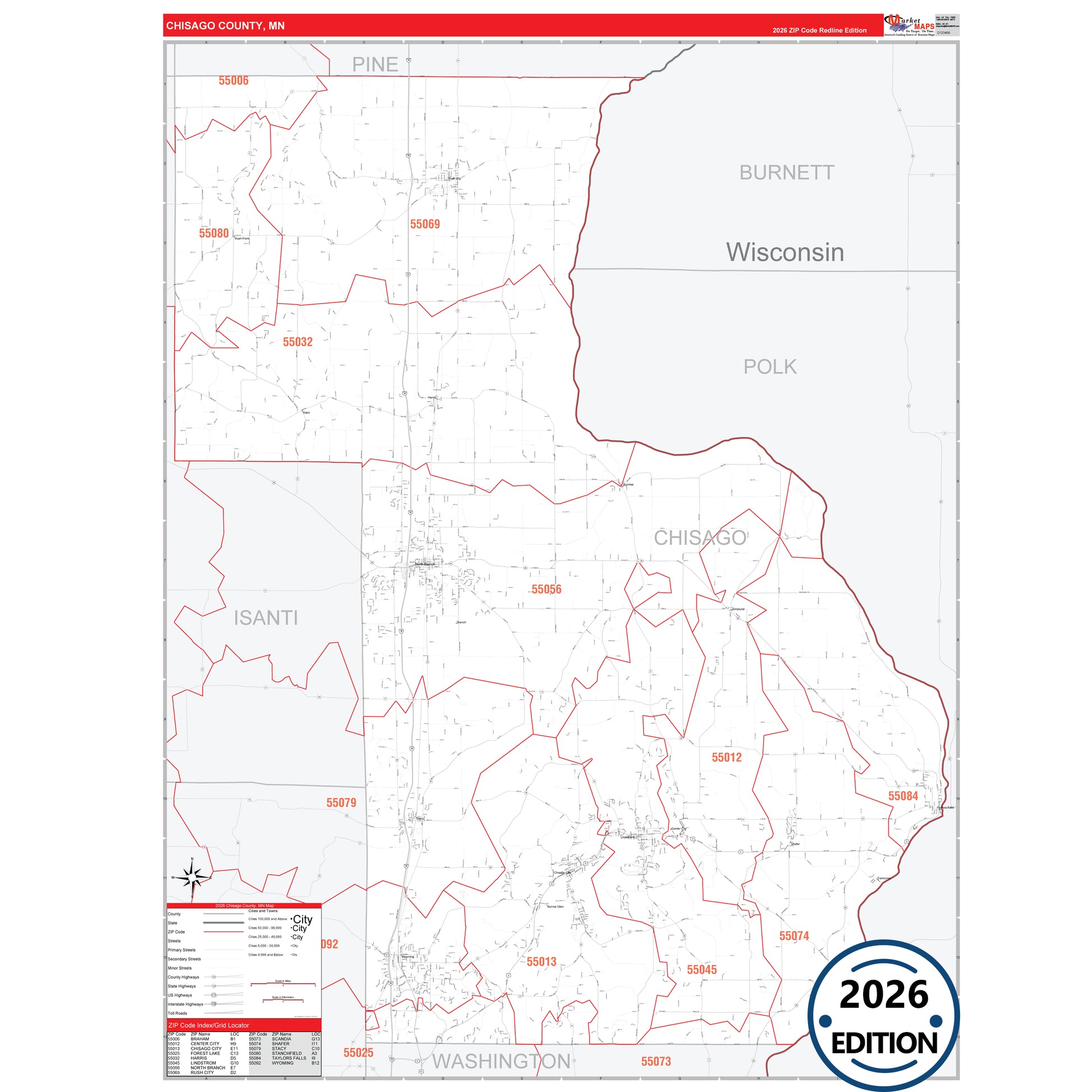 Chisago County, MN Red Line map with detailed roads, cities, and ZIP code boundaries.