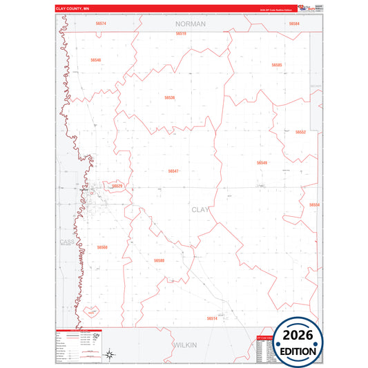 Clay County, MN Red Line 5 Digit ZIP Code Wall Map