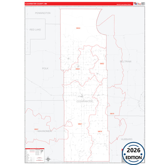 Clearwater County, MN Red Line 5 Digit ZIP Code Wall Map
