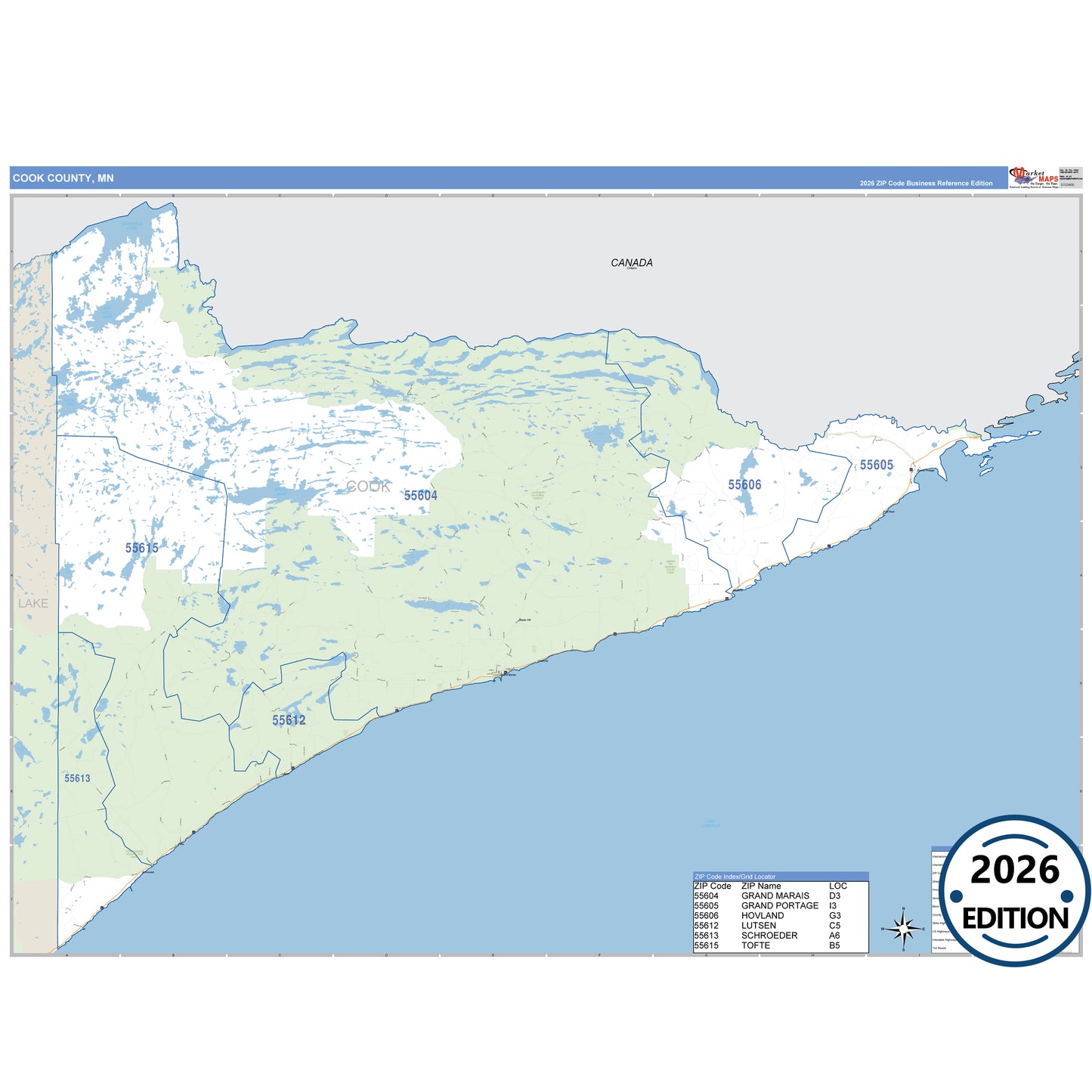 Cook County, MN Business Reference 5 Digit ZIP Code Wall Map