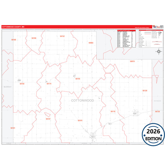 Cottonwood County, MN Red Line 5 Digit ZIP Code Wall Map