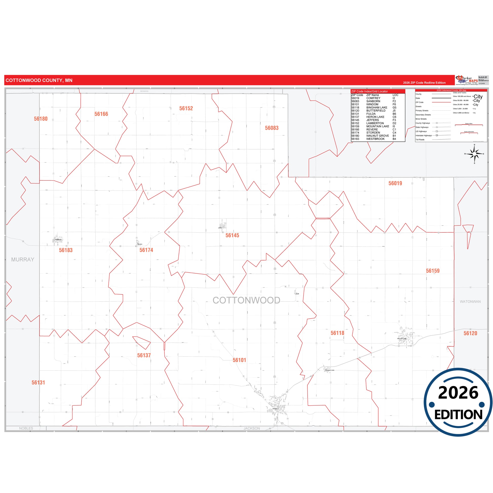 Cottonwood County, MN Red Line map with detailed roads, cities, and ZIP code boundaries.