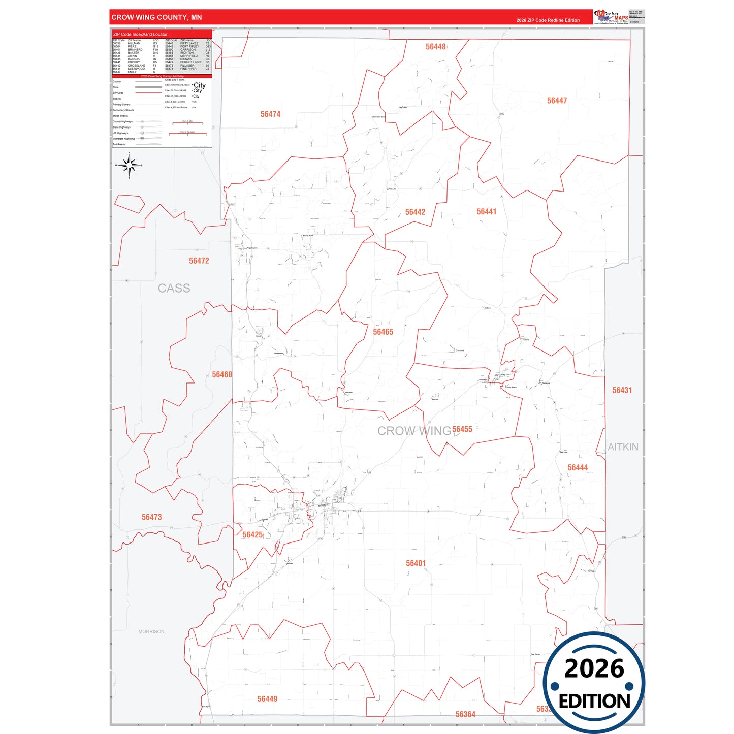 Crow Wing County, MN Red Line 5 Digit ZIP Code Wall Map