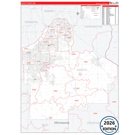 Dakota County, MN Red Line map with detailed roads, cities, and ZIP code boundaries.
